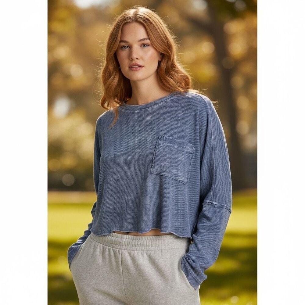 Altar’d State Blue Oversized Cropped Thermal Long Sleeve Top Large